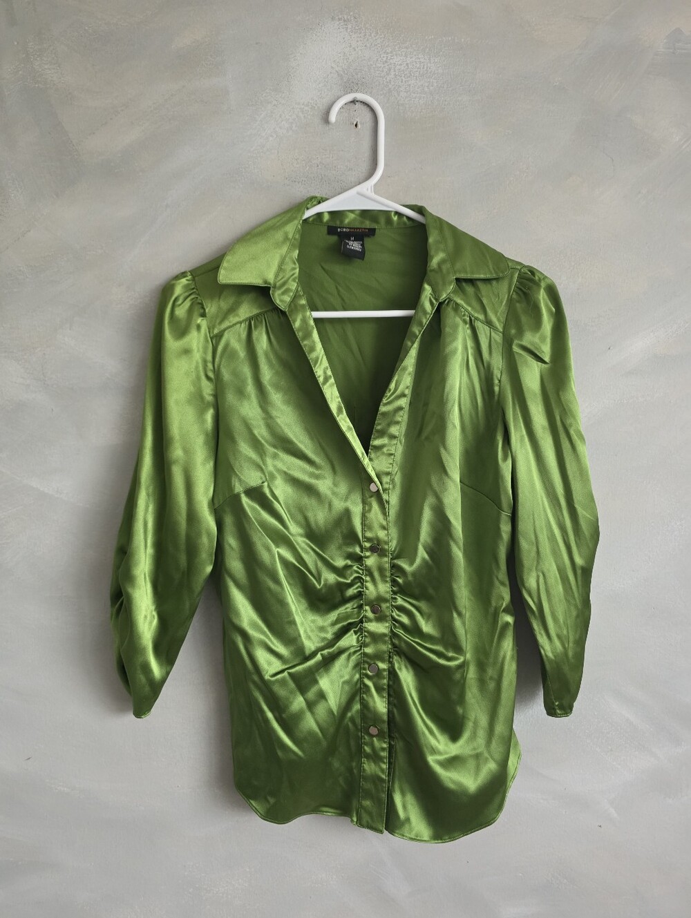 BCBGMAXAZRIA Lime Green Satin Ruched Button Up Blouse Size M